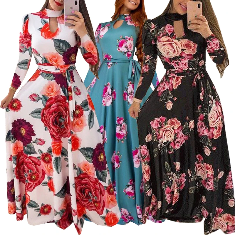 Женская модная обувь в богемном стиле с цветочным принтом и длинными рукавами с круглым вырезом и принтом Макси платье пляжное платье для маленьких девочек в винтажном стиле; Платья больших размеров (S-5XL)