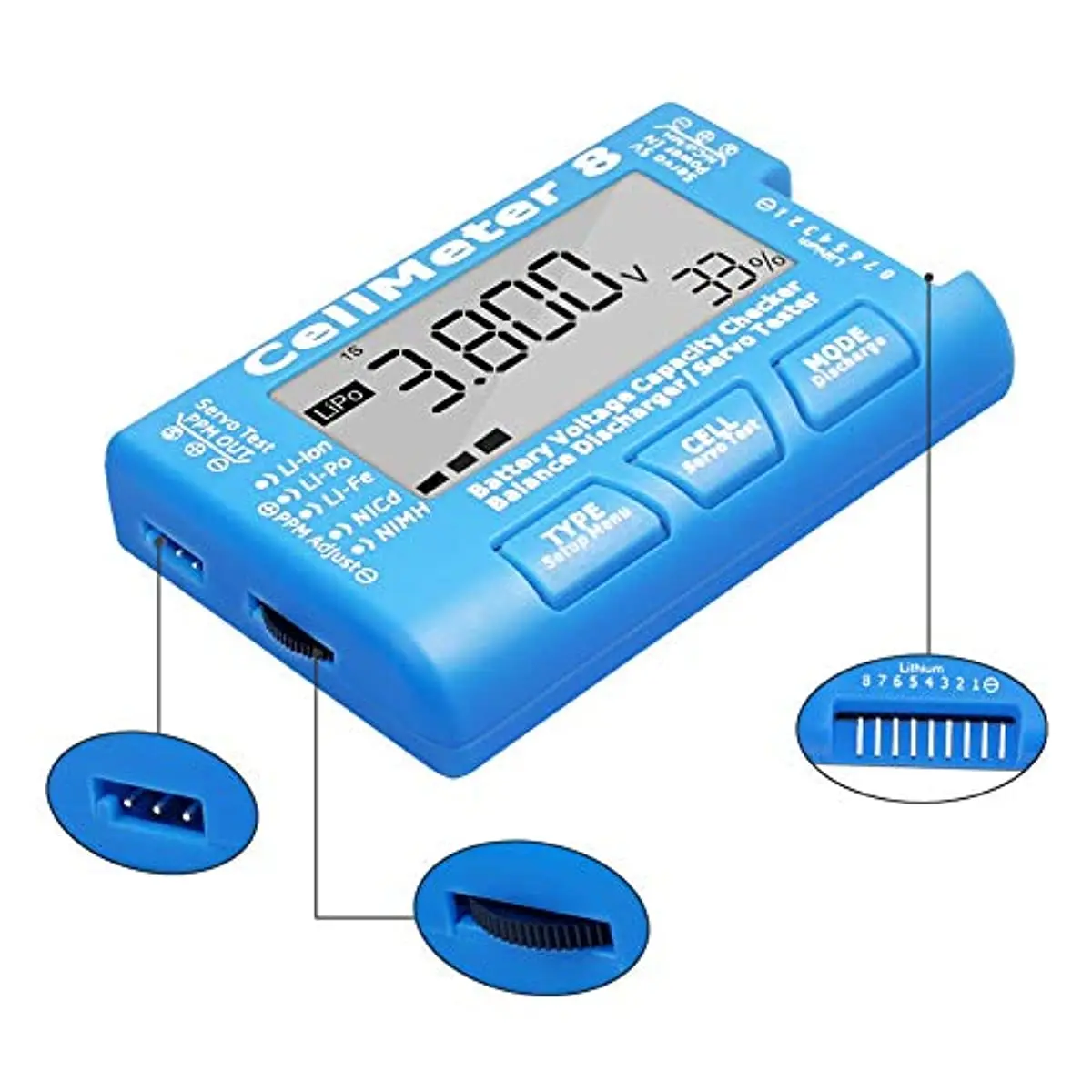 CellMeter-8 Digital Capacity Checker 2-8S LiPo Li-lon NiMH Battery Discharge Tester LCD Display For RC Airplane
