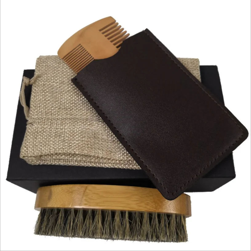 oumo hot sell private label boar bristle hair brush wood comb beard brush kit with gift package