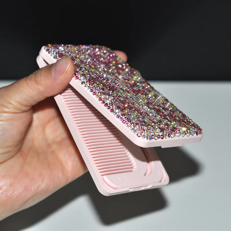 Luxury Rhinestone Travel Portable Folding Mirror With Hair Brush Pocket Hair Comb Mirror