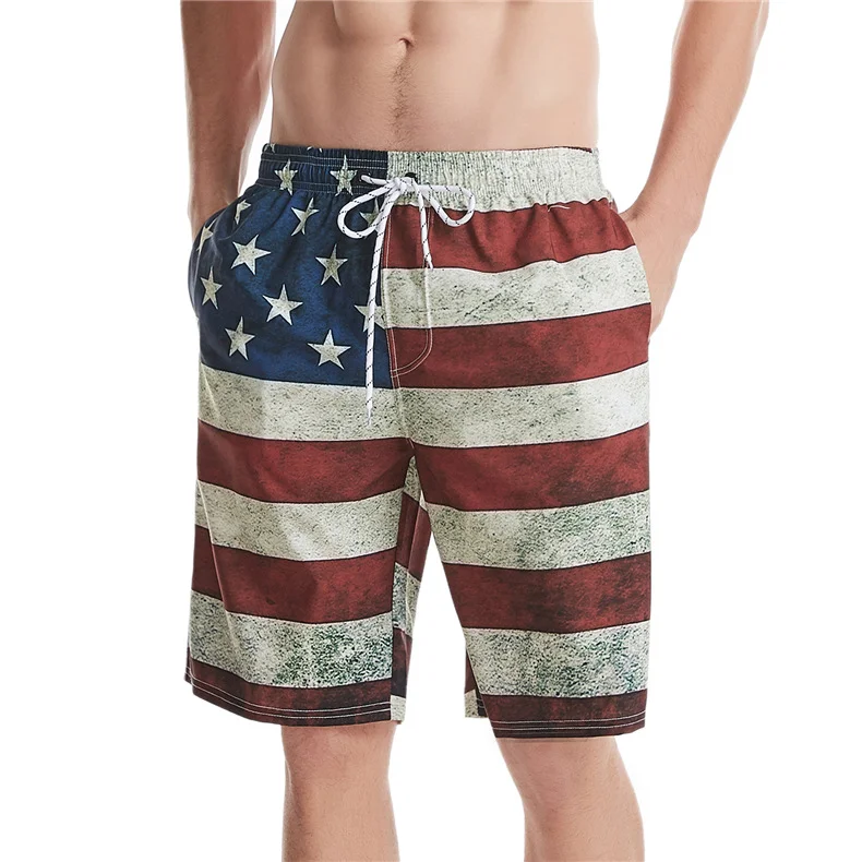 Custom 4 Way Stretch Printed American Flag Swim Shorts Men Beach Trunks