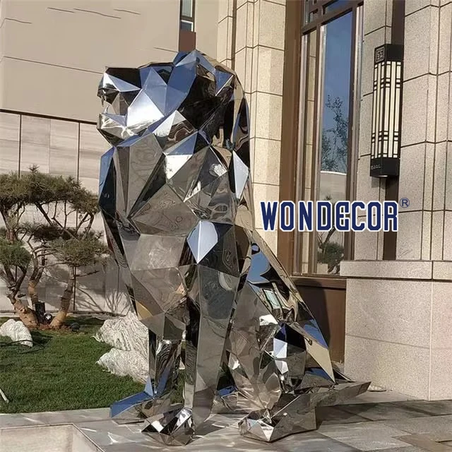 WONDECOR modern large outdoor garden mirror polished Geometric Polygonal metal lion statue stainless steel lion sculpture