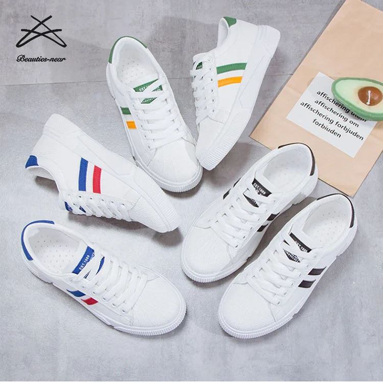 RTS Fashion new PU material women strip casual white sport school lace up shoes