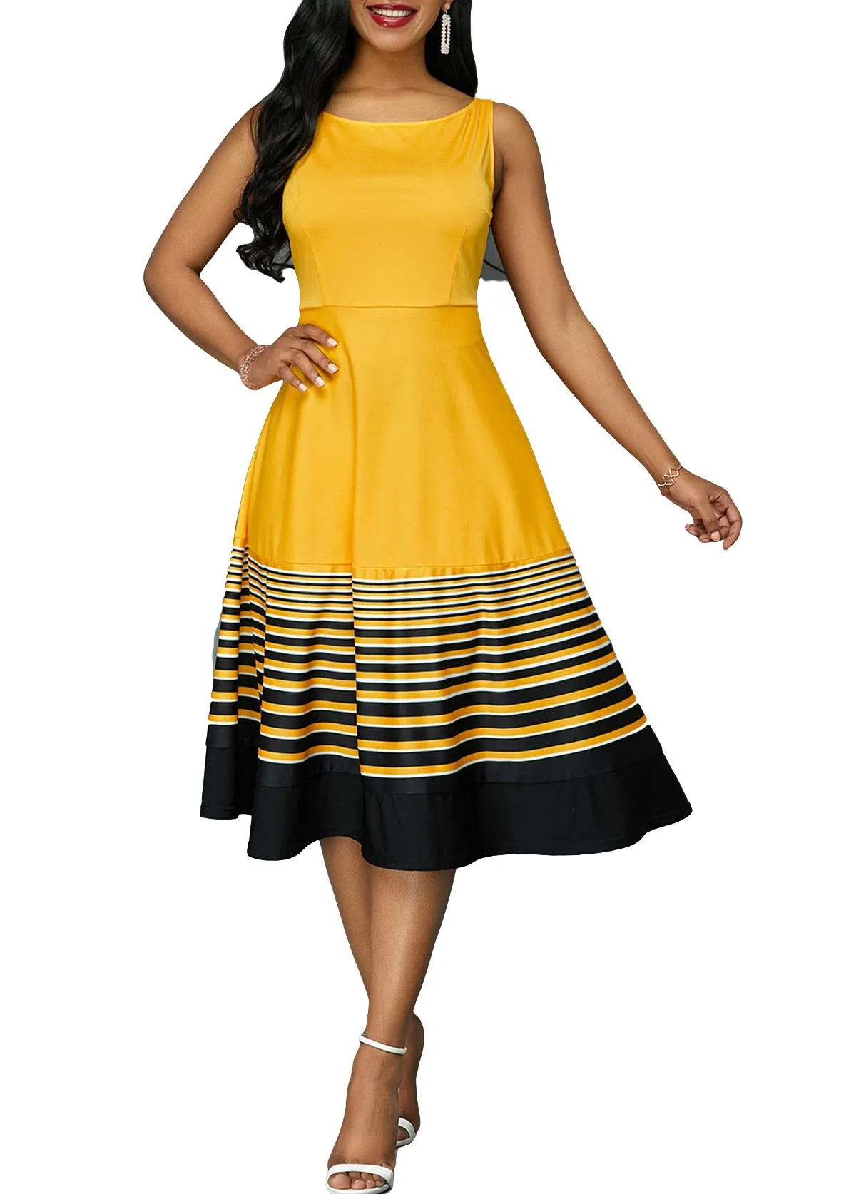 Round Neck Sleeveless High Wais Hem bar Maxi Dress Casual Dress