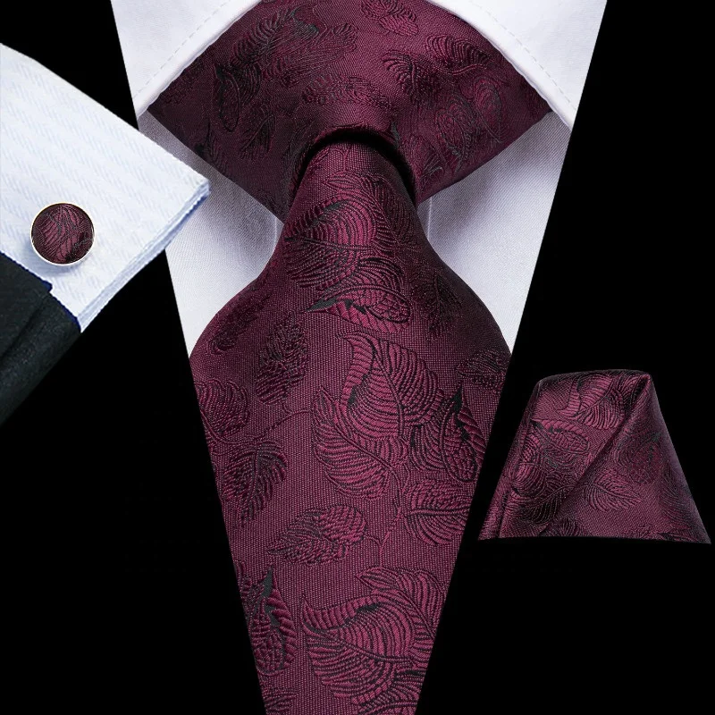 Classic Wedding Business Dark Red Jacquard Flower Silk Tie Handkerchief Cufflinks Gift Set for Men