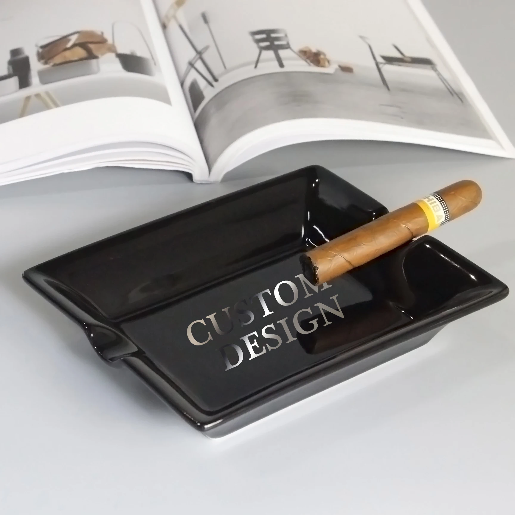 Ceramic ashtray cigar custom design Rectangular black luxury style Smoking accessory as gift Shop online