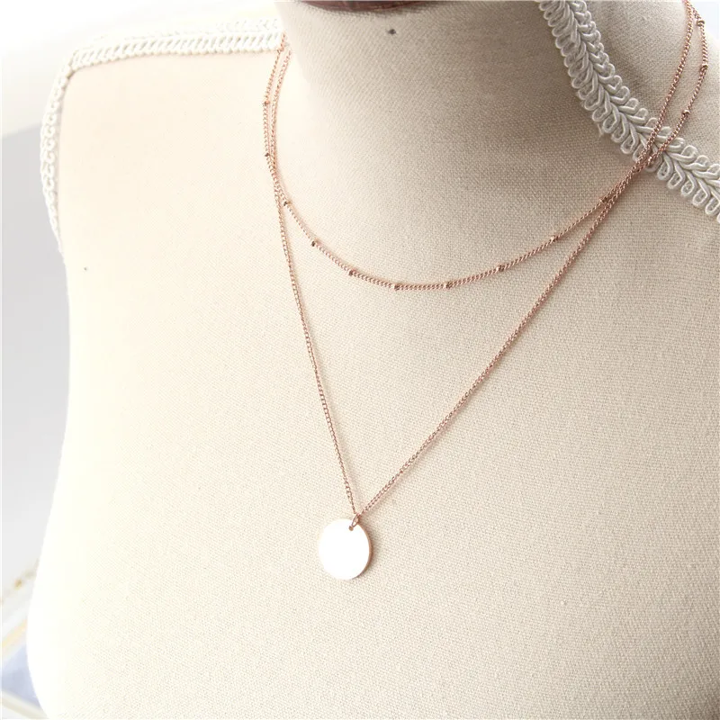 Sland Female Gold Plated Round Pendant Long Layered Double Chain Necklace