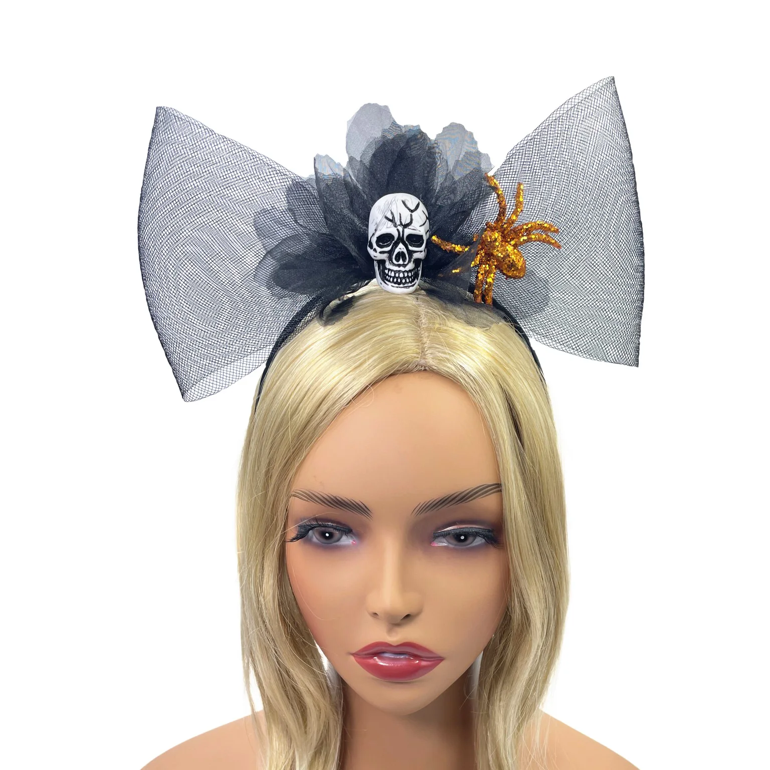 New design wholesale large butterfly knot net headband Halloween Golden spider skull hair band