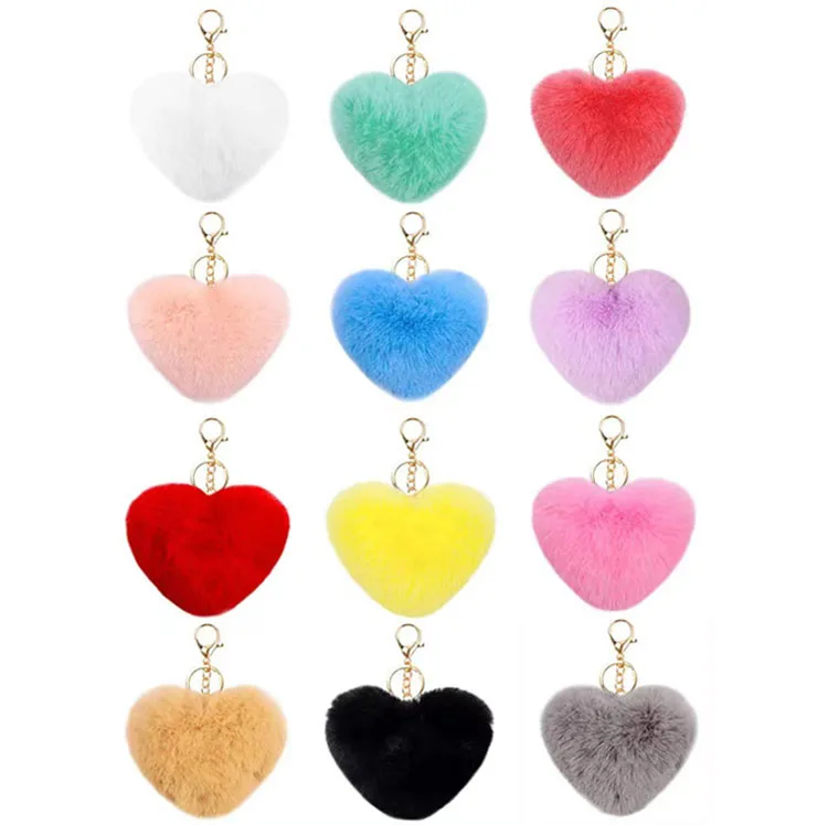 Heart Keychain Fluffy Pompom Keychain Heart Plush Key Chains