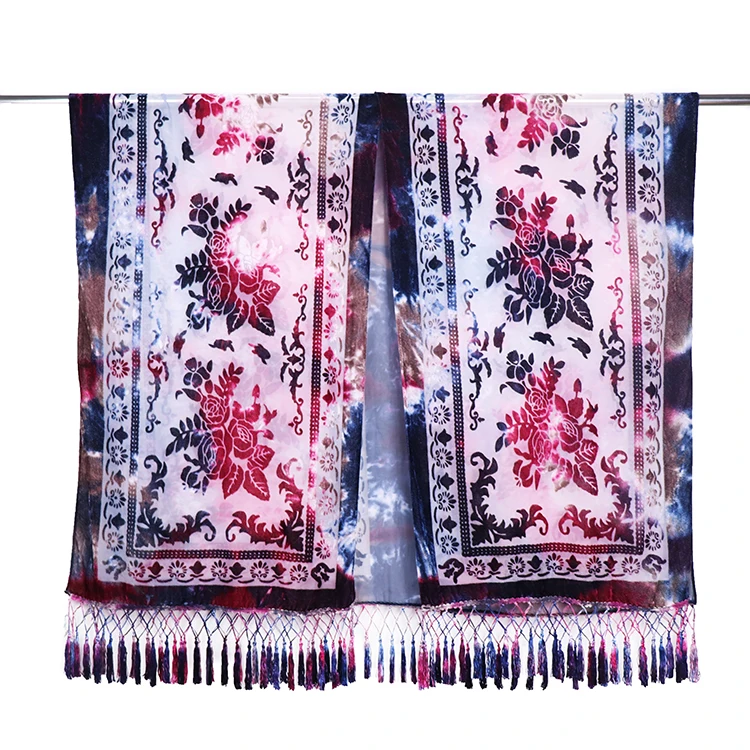 Tie dye burnout velvet kimono multi color ladies blouse ruana with crochet fringes women autumn viscose kimono