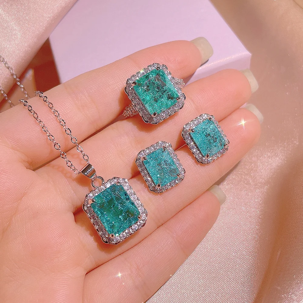 Luxurious Blue Square Paraiba Tourmaline Green Fusion Stone Zircon Big Pendant Necklace Stud Earring Wedding Jewelry Set