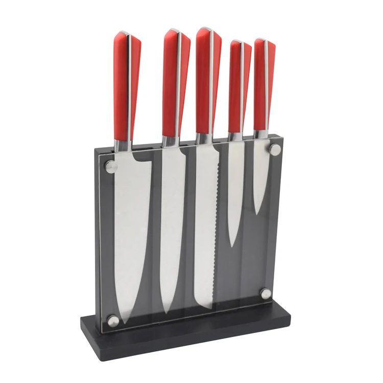 Customized Forge handle 5pcs Kitchen knife set Stainless steel with Foldable Magnetic wooden stand