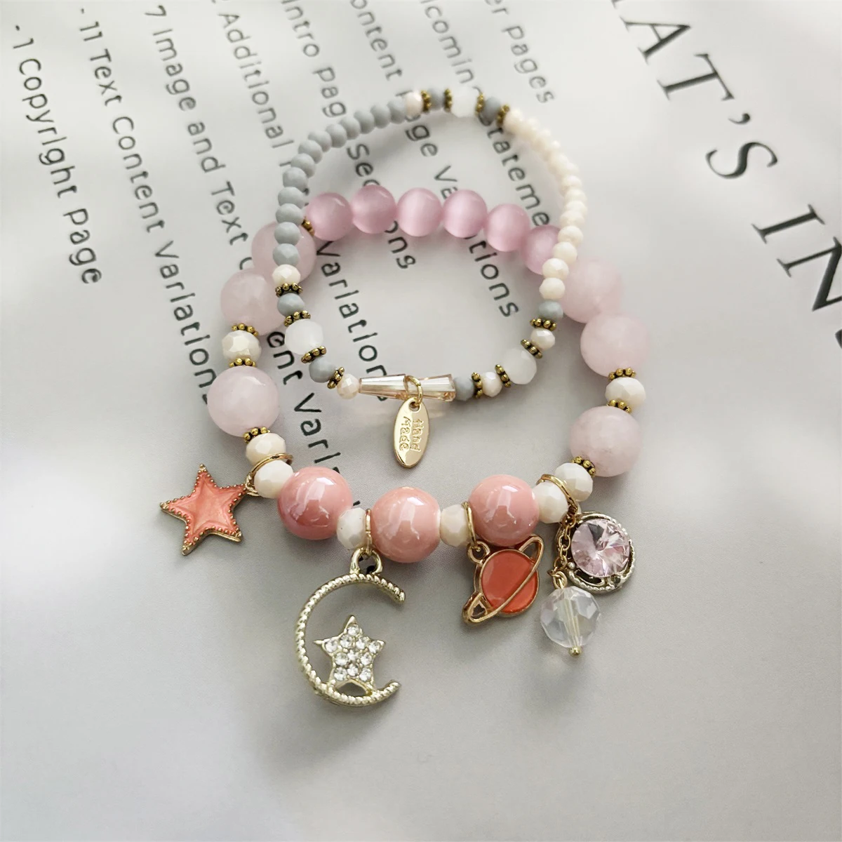 Sweet Vacation Style Women Jewelry Natural Stone Crystal Glass Popcorn Beads moon Star Charm Bracelet