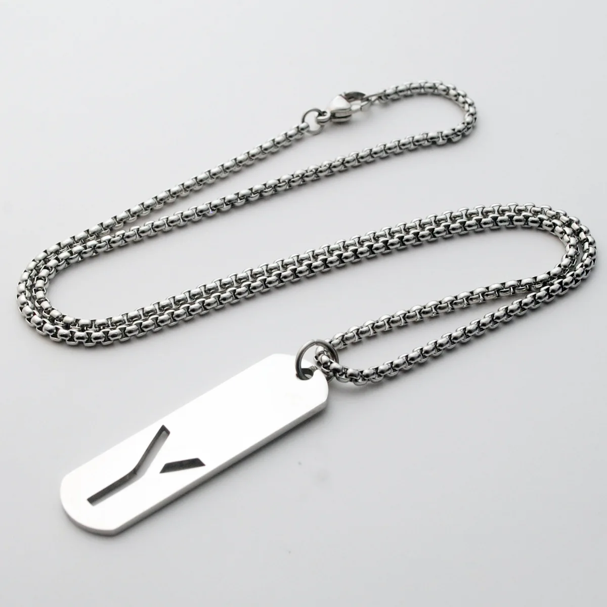 Personalized stainless steel long chain high polish laser cut hollow A-Z initial letters dog tag necklaces for men