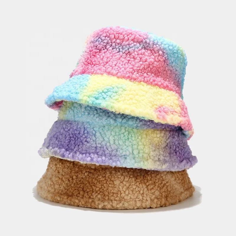 
Wholesale Fashion Tie dye Fisherman Hats Women Autumn Winter Windproof Warm Lamb Feather Hood Bucket Hat 