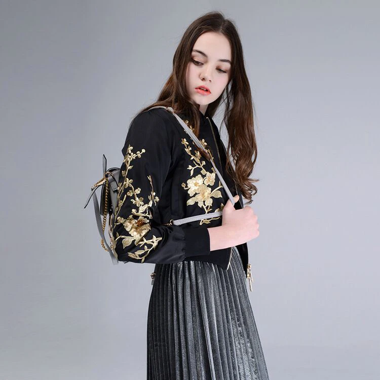 Custom Black Satin Bomber Jacket Women Winter Golden Embroidered Jacket Wholesale