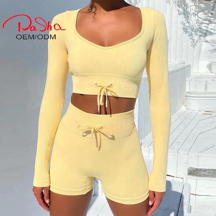 Pashasunshine 2021 New Hot Women Summer Gym Wear Candy Color Yellow Cropped Ribbed Long Sleeves Booty Shorts Set  Activewear
