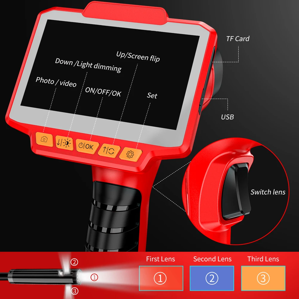 Industrial Endoscope Camera 5.5/8MM 1080P HD Digital Three Lens Borescope Camera 4.3 Inch LCD Snake Camera with 32GB TF Card