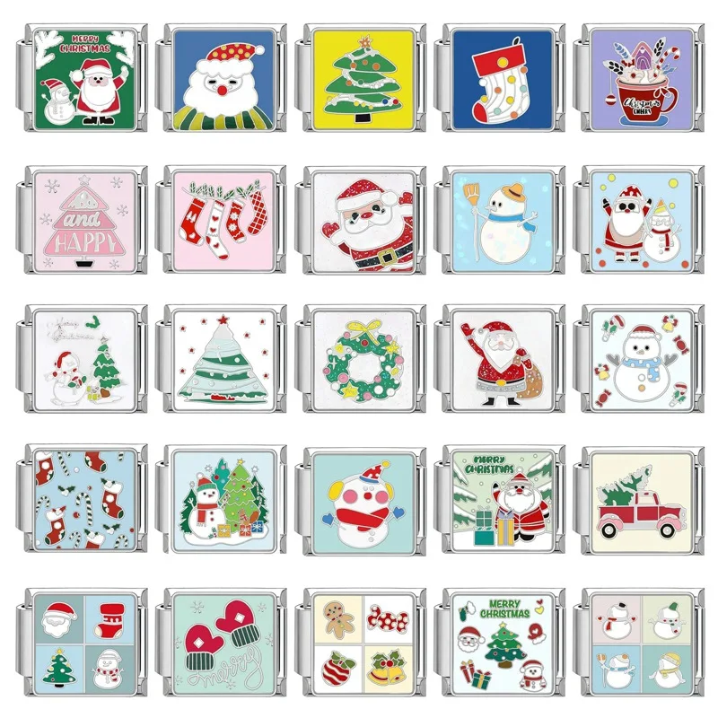 Personalized DIY Stainless Steel Italian Link Charms Flat Enamel Christmas Tree Santa Claus Italian Bracelet Christmas