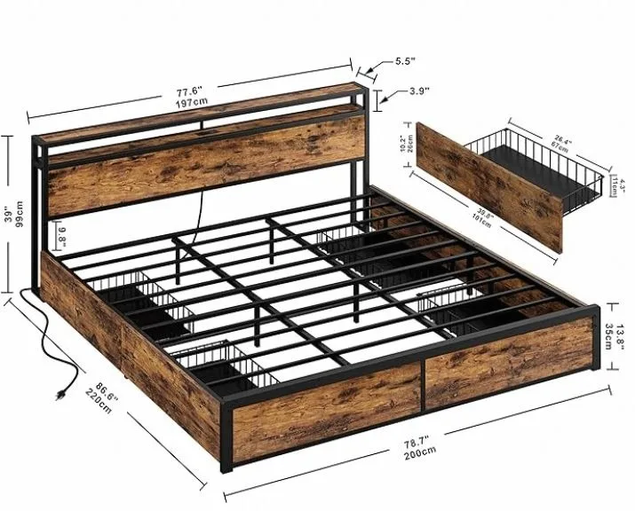 Сверхмощный металлический каркас кровати размера «Queen Size» на платформе с деревянной подножкой для изголовья 13 прочных металлических планок