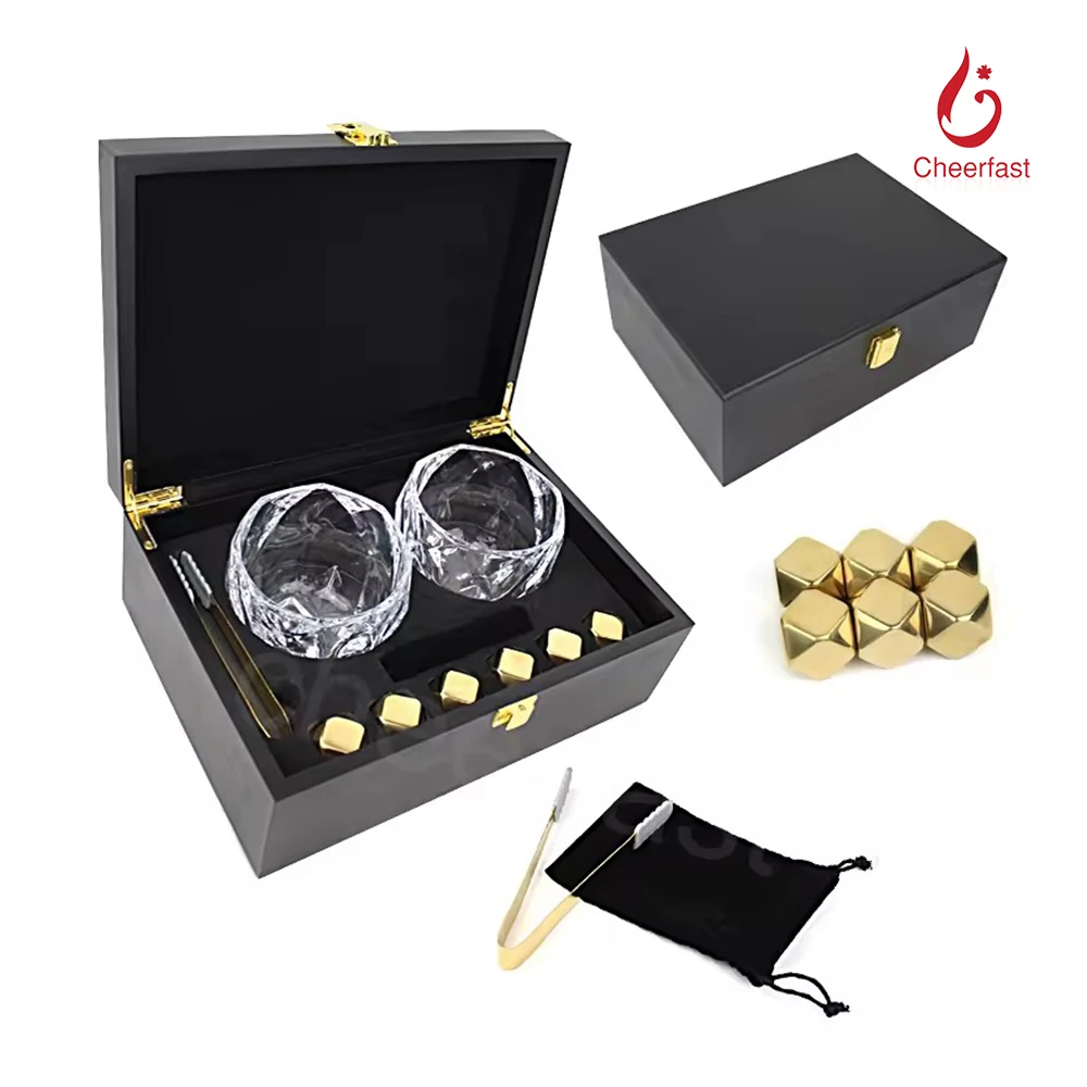 In Stocked Glod Diamond Shape Chilling Ice Cube Stone Glass And Black Wood Box Gift Set Stainless Whiskey Stones Steel Set Of 6