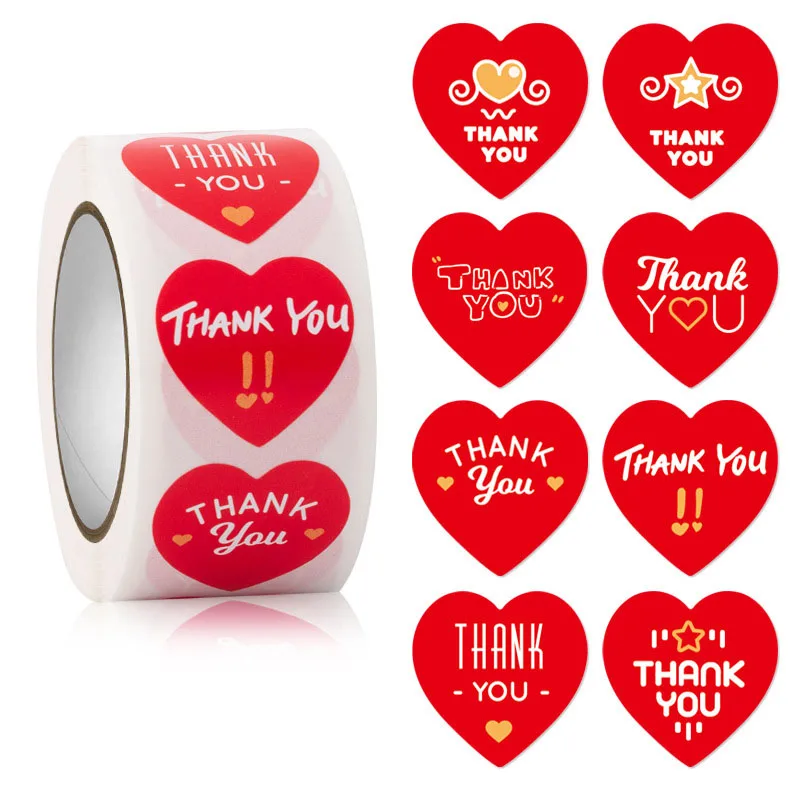 High Quality Label Self Adhesive 1 inch Colorful Smile Heart Thank you Stickers 500 Roll For Seal