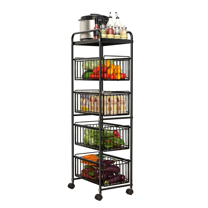 Multi-layer metal rolling kitchen corner storage shelf rack with pull out wire drawer utility trolley cart