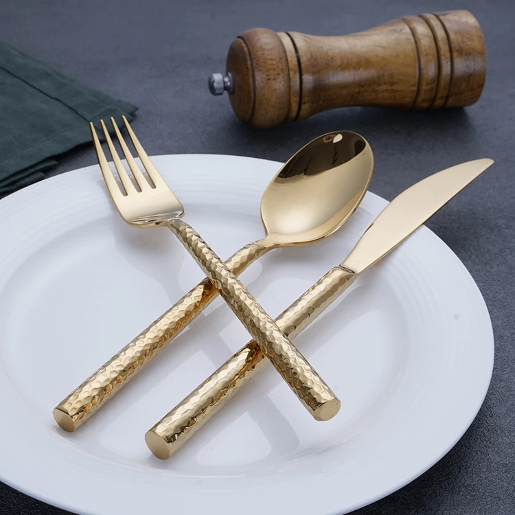 Heavy Silverware Wedding Stainless Steel 18/10 Titanium Plated Hammered Gold Cutlery Set