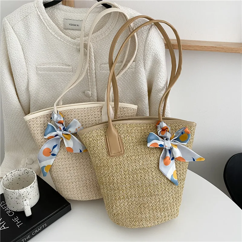 2022 summer woven alibaba online shopping lady tote hand bag scarf handbags for girls