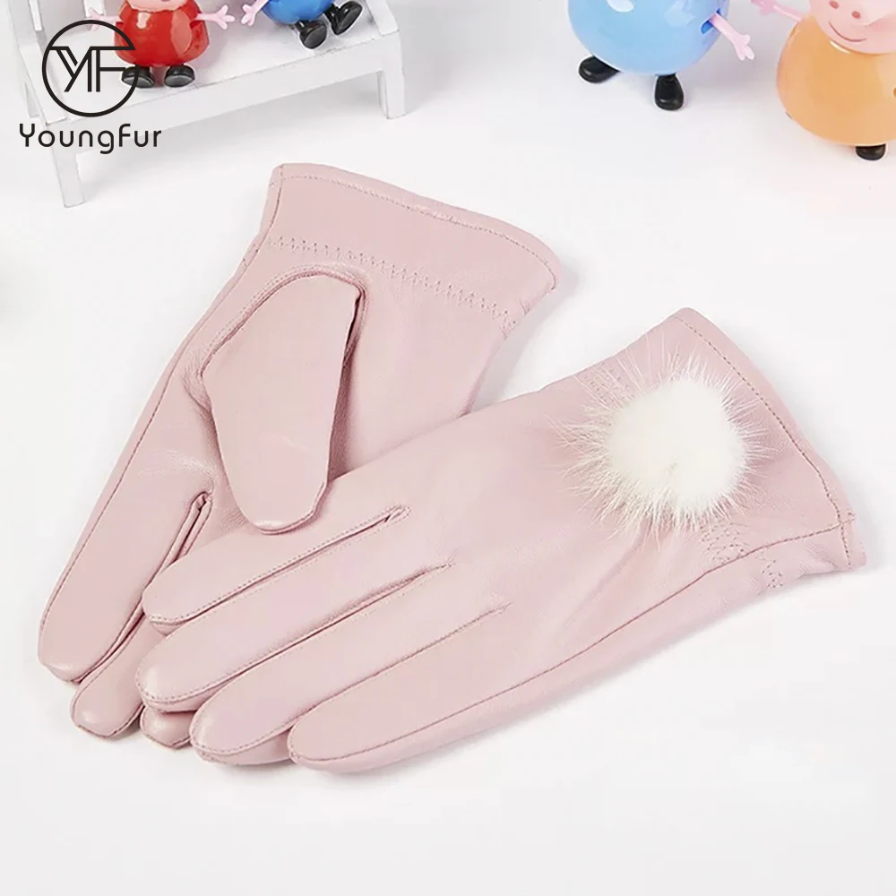 Girls Custom Made Luxury Real Mink Fur Ball Genuine Leather Gloves for Winter