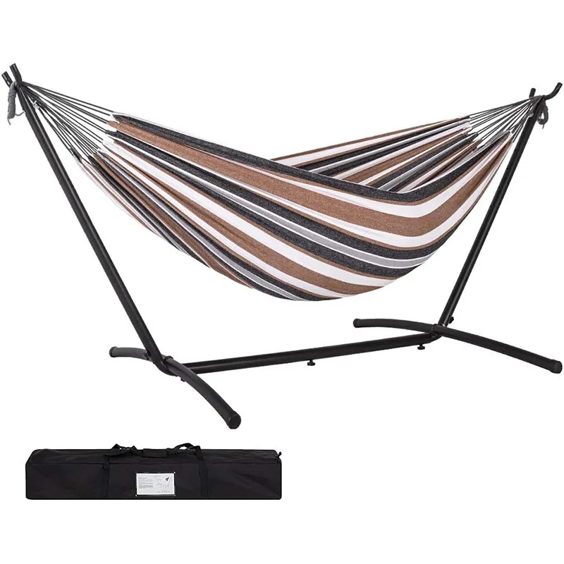Manufacturer Parachute Cloth Portable Indoor Outdoor Nylon Double Hammock with Steel Stand Two Person Adjustable Hammock Bed