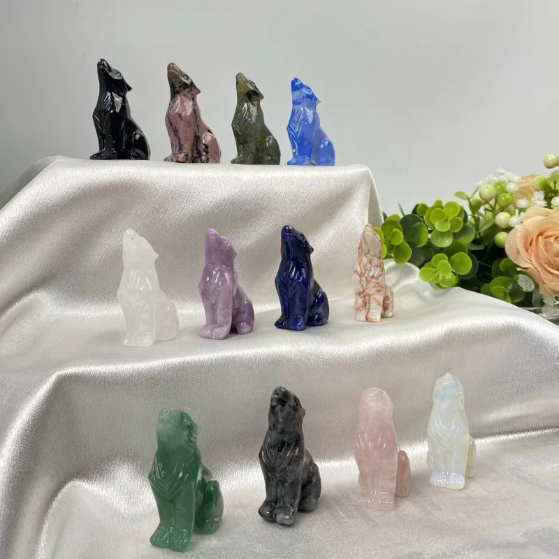 Wholesale natural quartz energy gemstone crystal animal carving wolf for home decoration