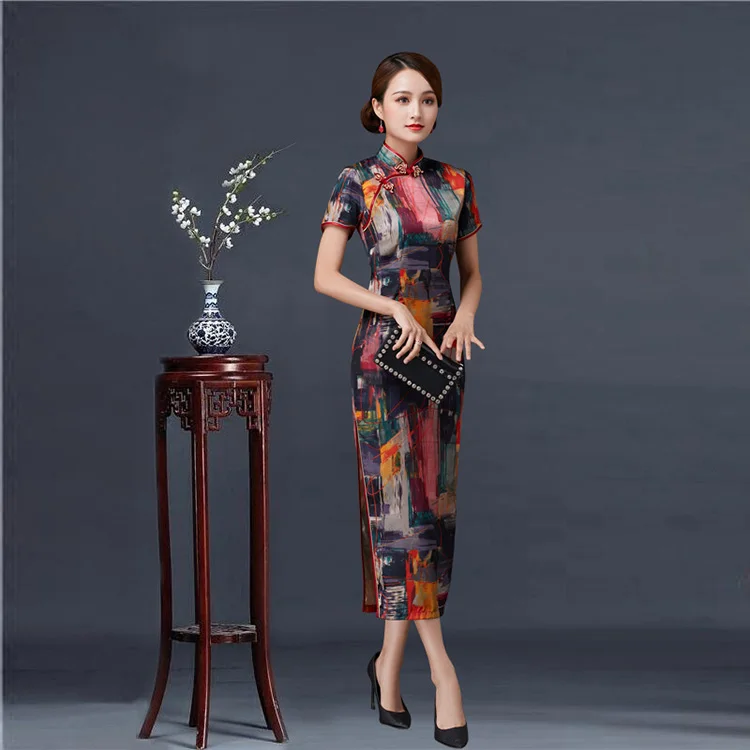  Повседневное платье Qipao большого размера в китайском традиционном стиле с коротким рукавом элегантное цветочной застежкой для детей среднего