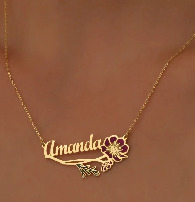 Personalized Birth Flower Custom Name Necklace Floral Name Necklace Custom Name Jewelry Birthday Gifts Personalized Gifts