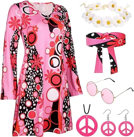 60s 70s Disco Fancy Dress Costume Women Costume with Necklace Accessories for Women Hippie Costume Hippy Fancy Dress Outfits