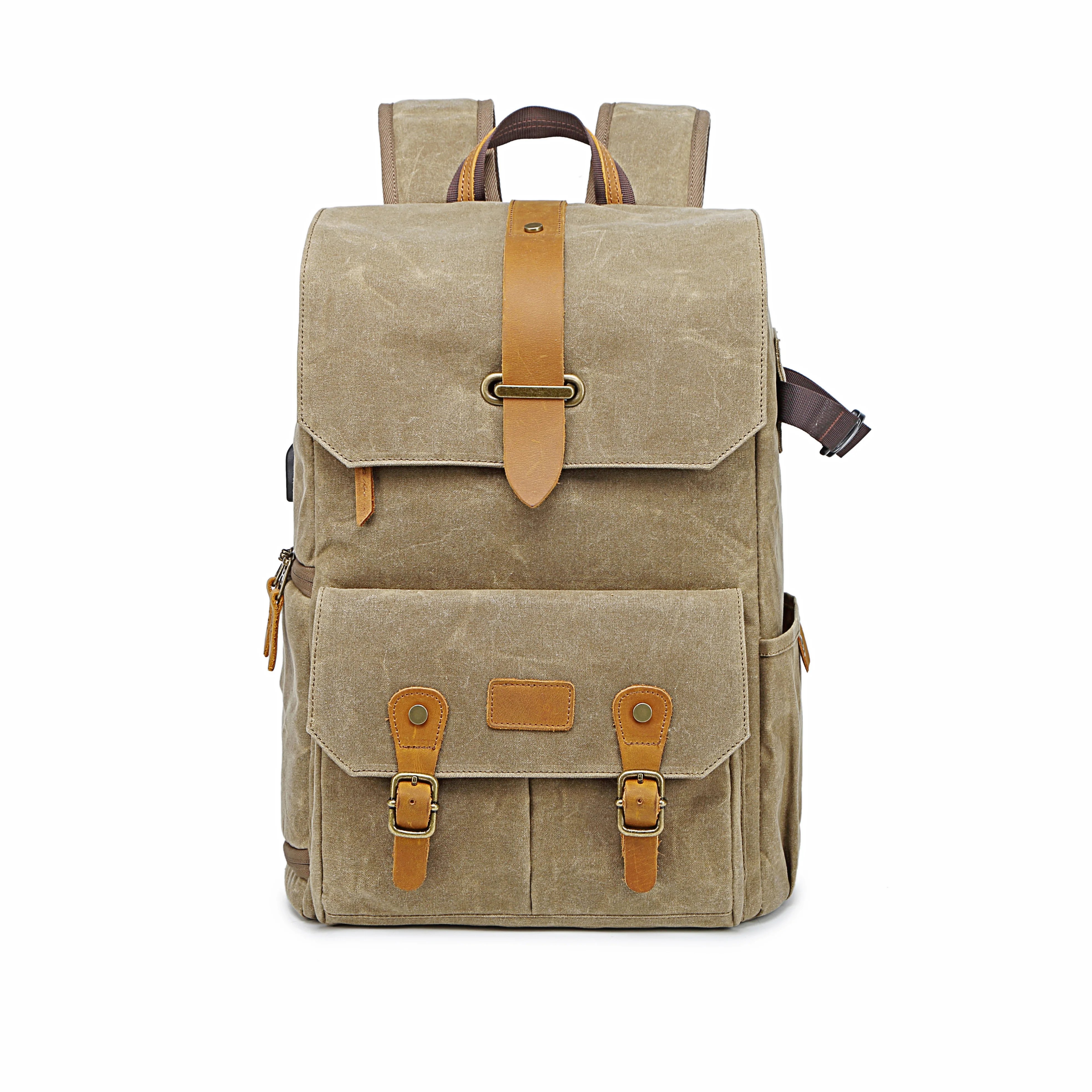 
DSLR Vintage Laptop Waterproof Canvas Leather Camera Backpack Bag For Nikon Camera 