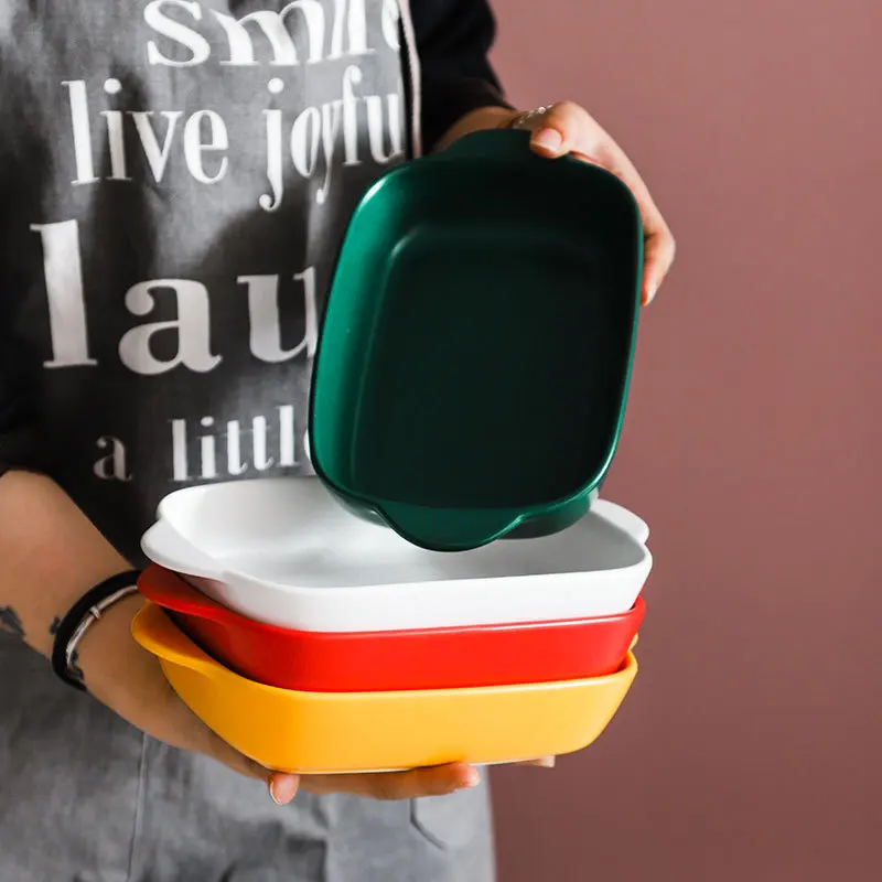 Factory direct supply Nordic ceramic plate with handle cheese baked rice tray baking tray oven household