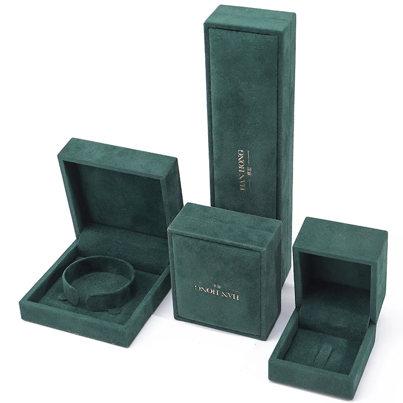 Hanhong luxury jewelry plastic packaging box can print logo necklace bracelet bracelet green velvet  jewelry ring box