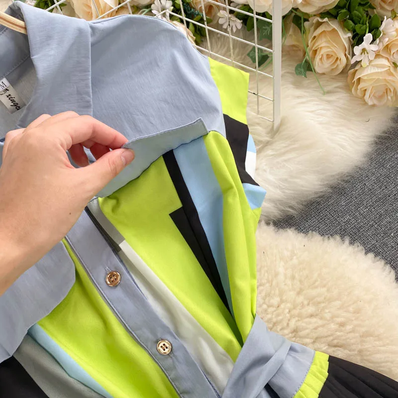 Women Pleated Blouses Dress Korean Sleeveless Single Breasted A-line Dresses Summer Elegant Fashion Streetwear Vestidos