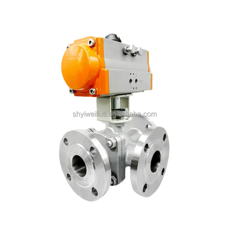 DN32 L Port stainless steel 304 316 flange connection 3 way 2pcs double union Pneumatic Actuator ball valve