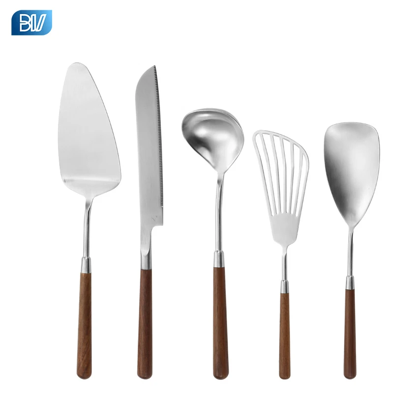 Popular Wood Handle Matt Cooking Gadgets Spatula Ladle Stainless Steel Kitchen Appliances And Utensils