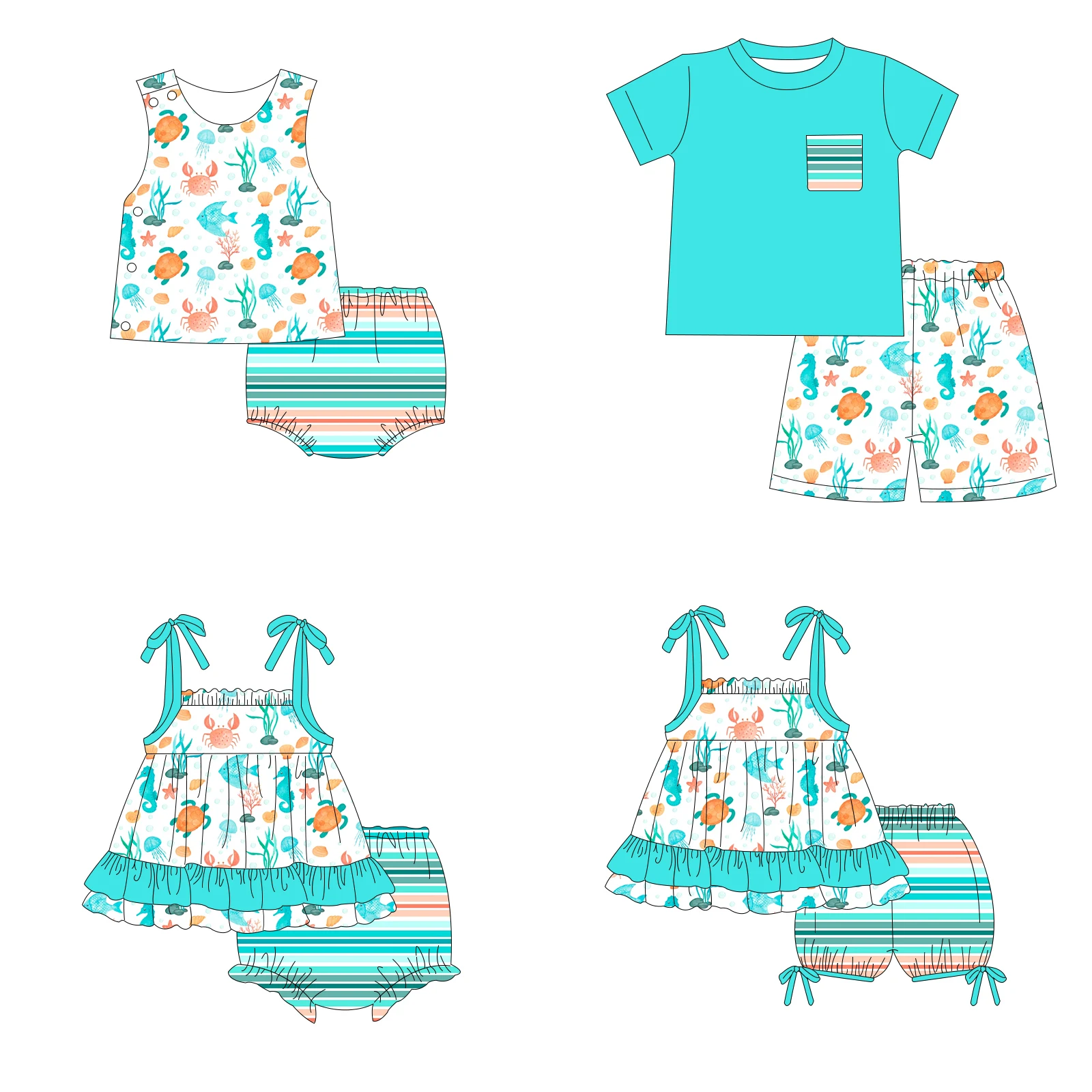 New Design Summer Marine Print Clothing Baby Girl Beach Dress Set Boutique Baby Boy Romper Kids Bubble