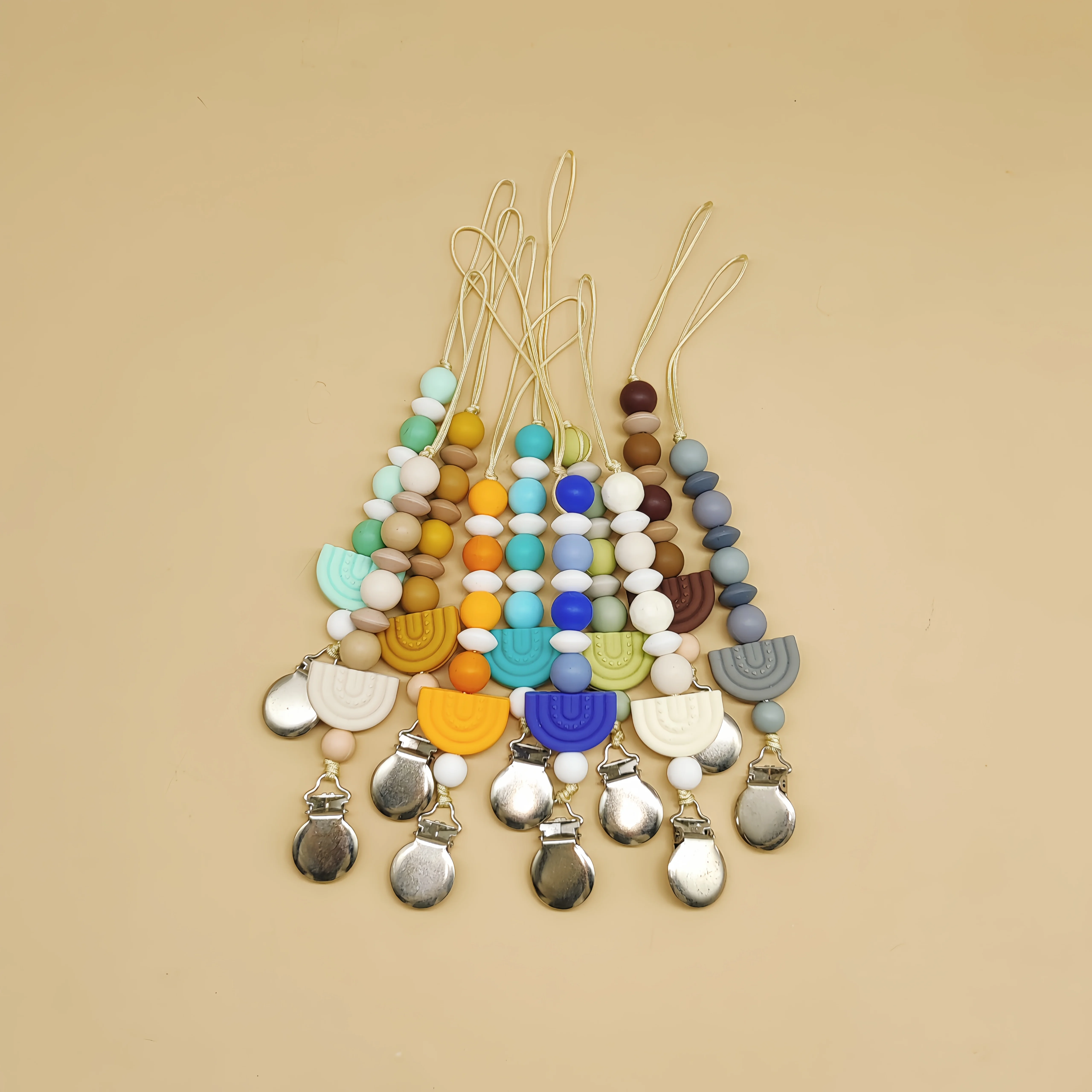 Wholesale Baby Teething Chain strap Custom Logo baby silicone wooden beads pacifiers dummy holder clip