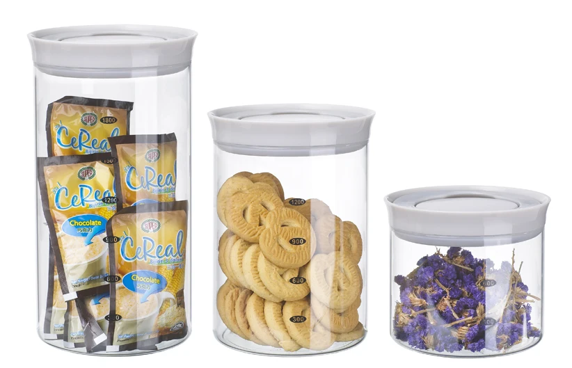 Popular round shape borosilicate glass storage jar food container with cover and tray base