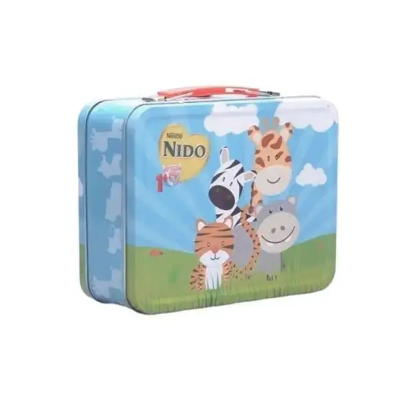 Custom logo promotional festival gift tin handle lunch tin box bag shape metal suitcase