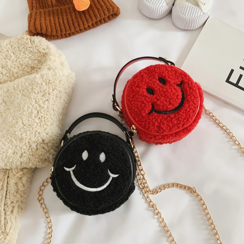 Cartoon Mini Cute Plush Smiley Pattern One-shoulder Messenger Bag Fashion Kids Designer Handbags Crossbody Bag for Toddler Girl