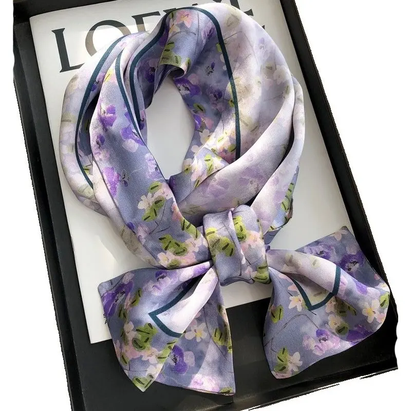 100% Pure Silk Fabric Long Double-layered Neck Scarf Elegant Style Printed Ladies European Handkerchief 16*145CM Women Adult JH