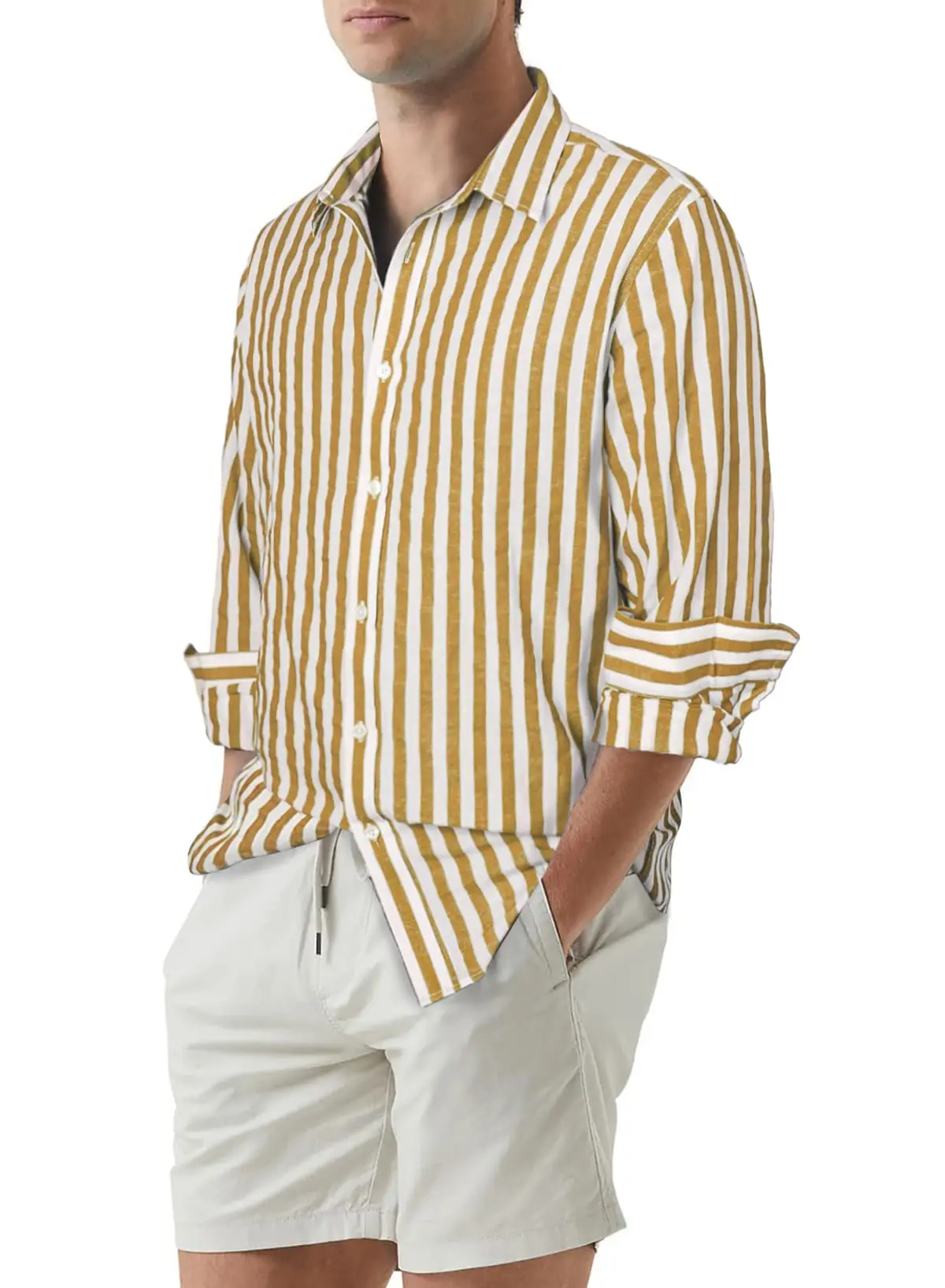 Mens Shirts Long Sleeve Linen Cotton Casual Button Down Dress Shirts with Front Pocket