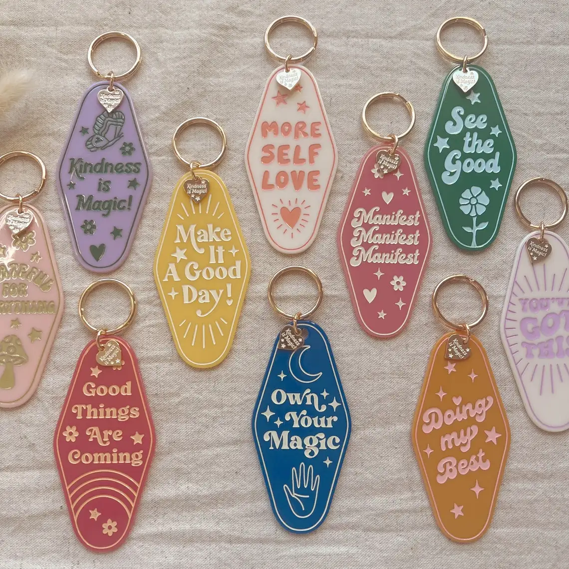 Positive Affirmation Optimism Keychains Gift Kindness is Magic Good Things Own Your Magic Self Love Custom Hotel Motel Keychain