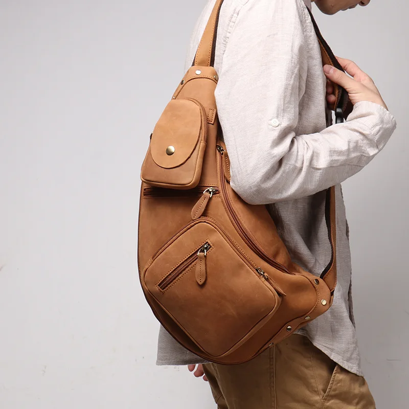 Vintage Genuine Leather Chest Bag Single Shoulder Crossbody bag Multiple pockets sling bag Del paquete for men and women